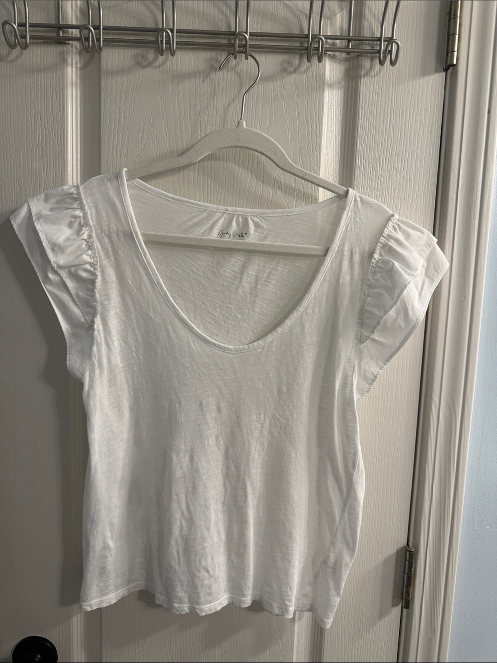 Grey State White Scoop Neck Tee with Ruffle Cap Sleeves